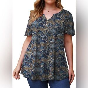 Paisley Print Women's Short Sleeve V Neck Tunic Top in Blue and Brown